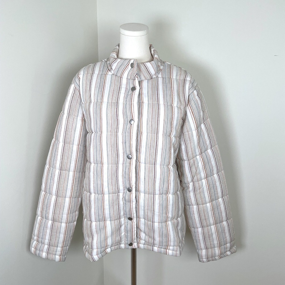 Hem & Thread Boutique Striped Puffer Jacket Stand Snap Button Coat Large NEW